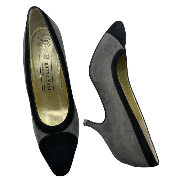Bruno Magli Size 6.5 Suede Leather High Heels Colorblock Black Gray Slip On Shoe - Picture 1 of 9